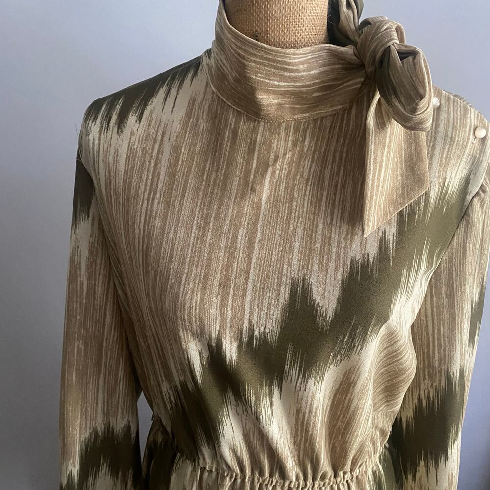 Vintage 70s Abstract Midi Dress High Neck Side Bow Olive Taupe M - Picture 6 of 17